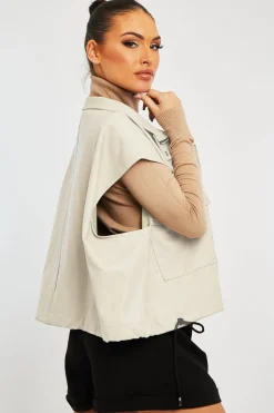 Rebellious Fashion Beige Faux Leather Sleeveless Gilet Jacket - Kierstan