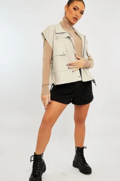 Rebellious Fashion Beige Faux Leather Sleeveless Gilet Jacket - Kierstan