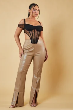 Rebellious Fashion Beige Faux Leather Slit Front Trousers - Madeline