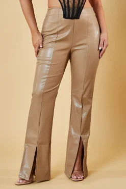 Rebellious Fashion Beige Faux Leather Slit Front Trousers - Madeline