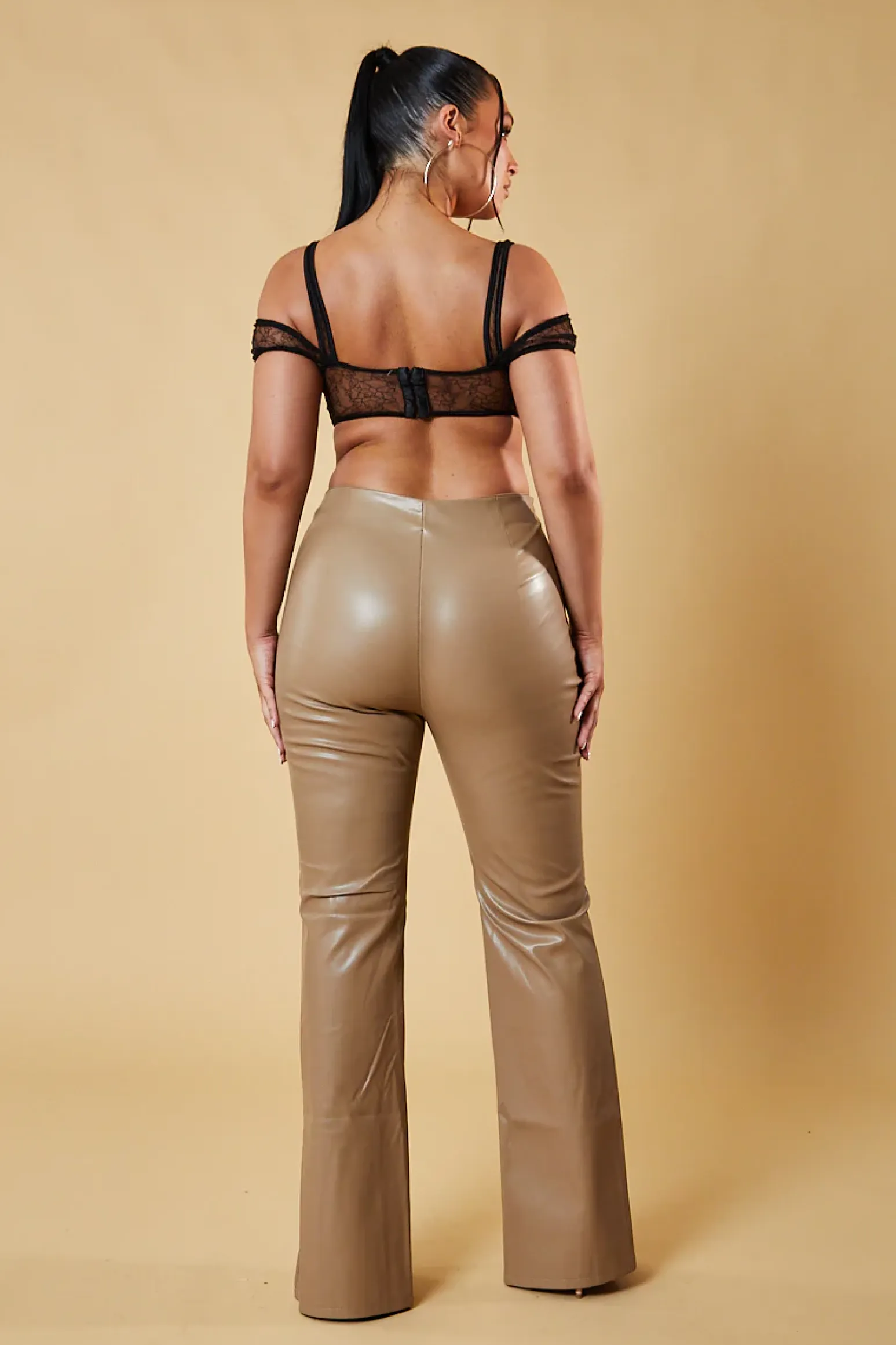 Rebellious Fashion Beige Faux Leather Slit Front Trousers - Madeline