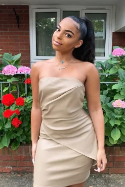 Rebellious Fashion Beige Faux Leather Strapless Dress - Karah