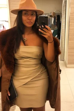 Rebellious Fashion Beige Faux Leather Strapless Dress - Karah