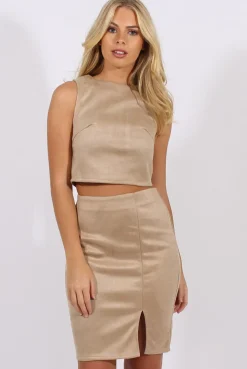Rebellious Fashion Beige Faux Suede Co-ord - Dorley
