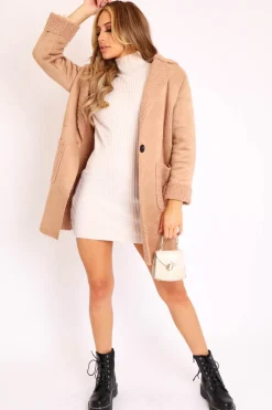 Rebellious Fashion Beige Faux Suede Shearling Coat - Izabella
