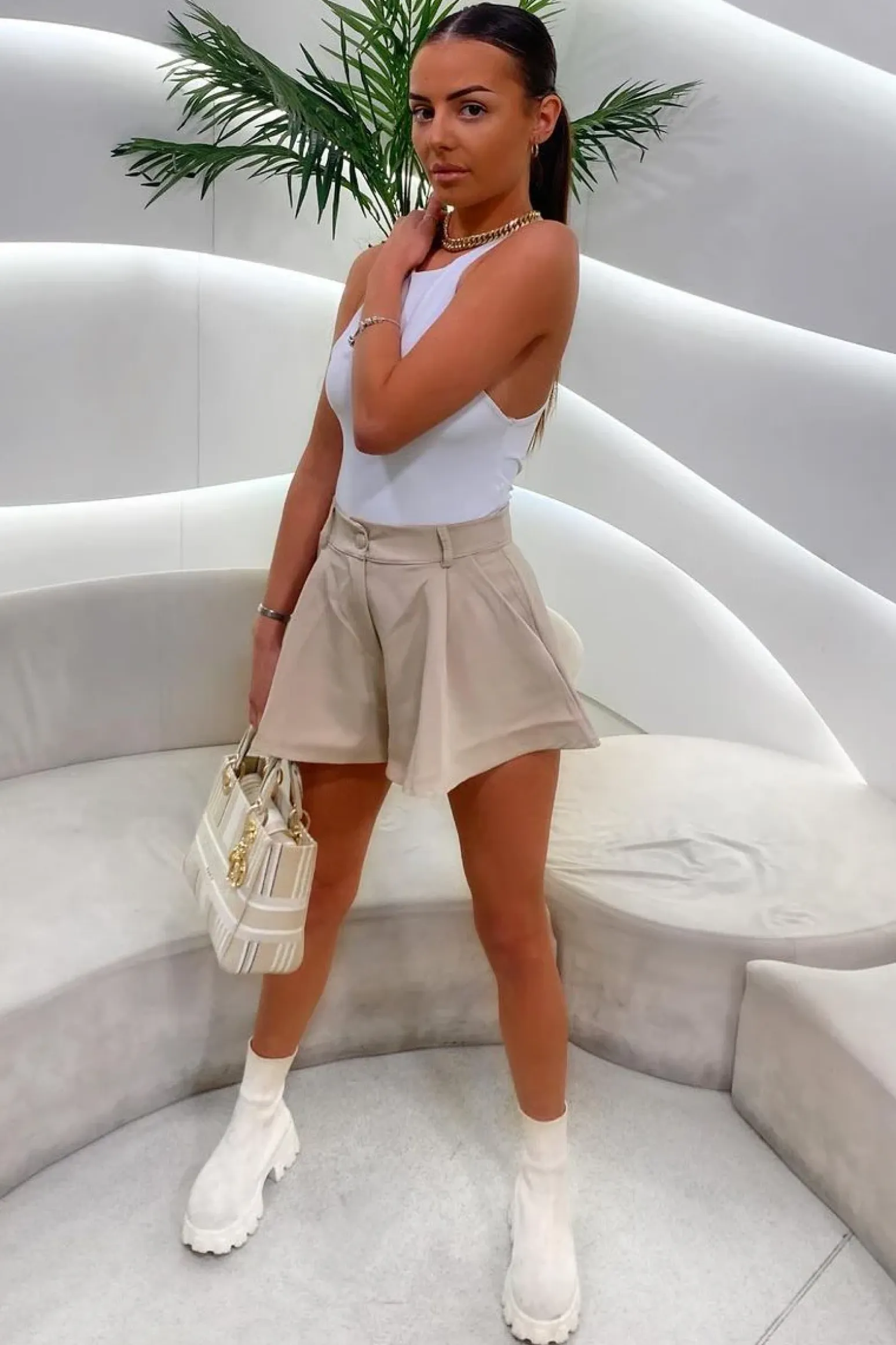 Rebellious Fashion Beige Flared High Waisted Shorts - Ayna