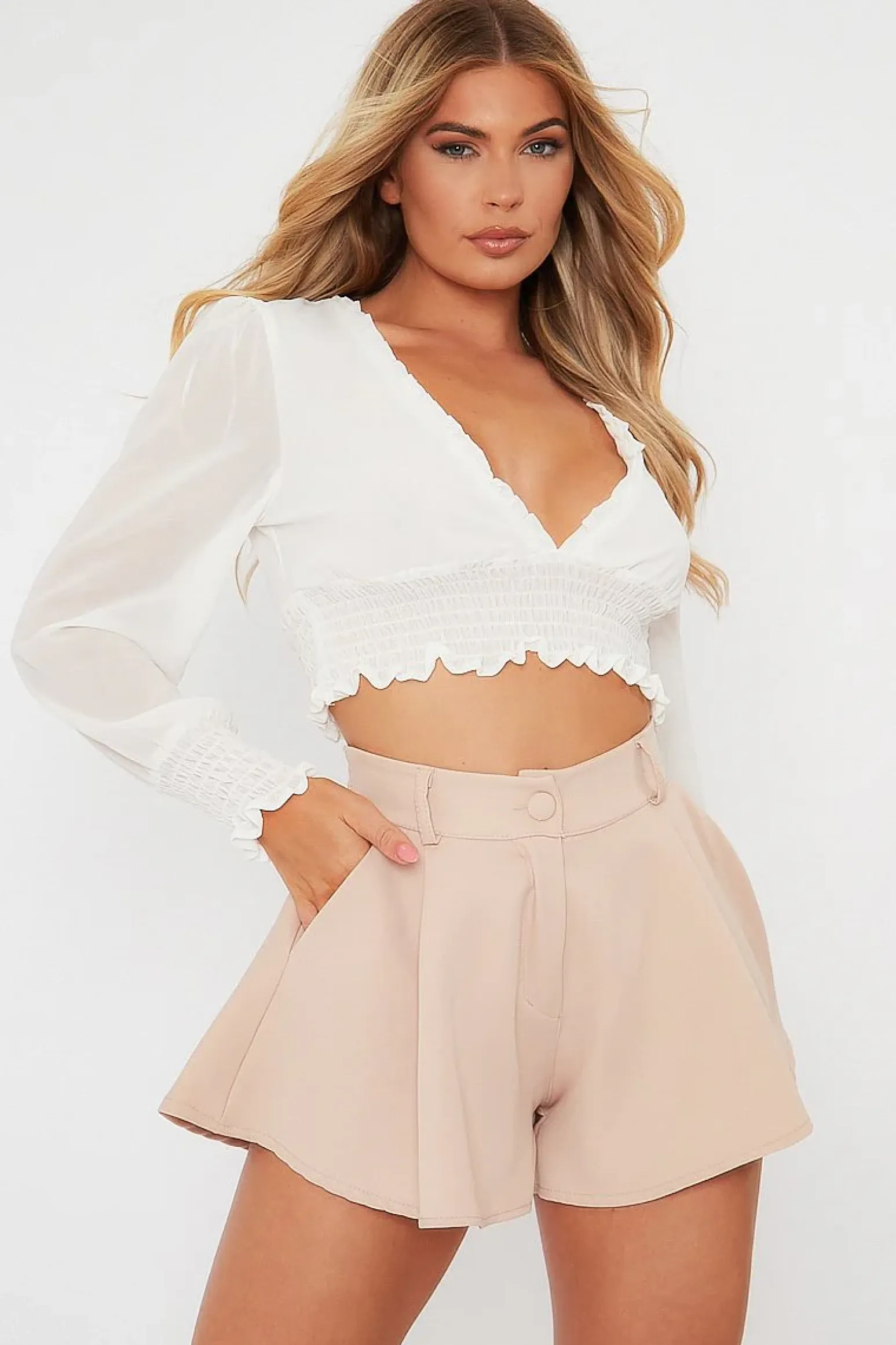 Rebellious Fashion Beige Flared High Waisted Shorts - Ayna
