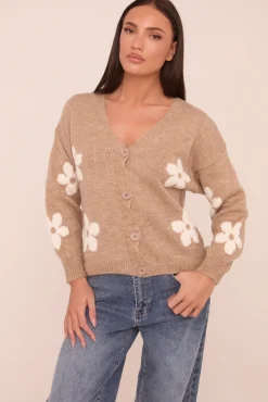 Rebellious Fashion Beige Floral Button Up Front Long Sleeves Cardigan - Poppy