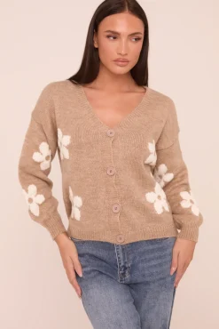 Rebellious Fashion Beige Floral Button Up Front Long Sleeves Cardigan - Poppy