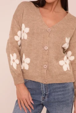 Rebellious Fashion Beige Floral Button Up Front Long Sleeves Cardigan - Poppy