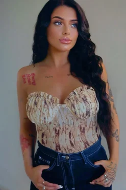 Rebellious Fashion Beige Floral Corset Detail Bodysuit - Clarah