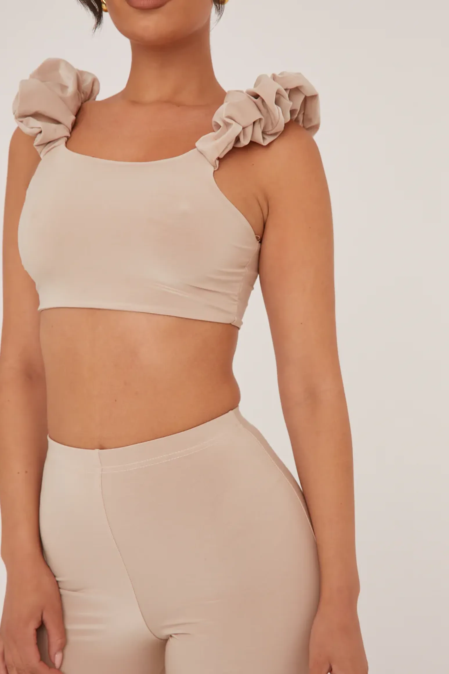 Rebellious Fashion Beige Frill Detail Cropped Top & Wide Leg Trousers Co-ord Set - Sophie