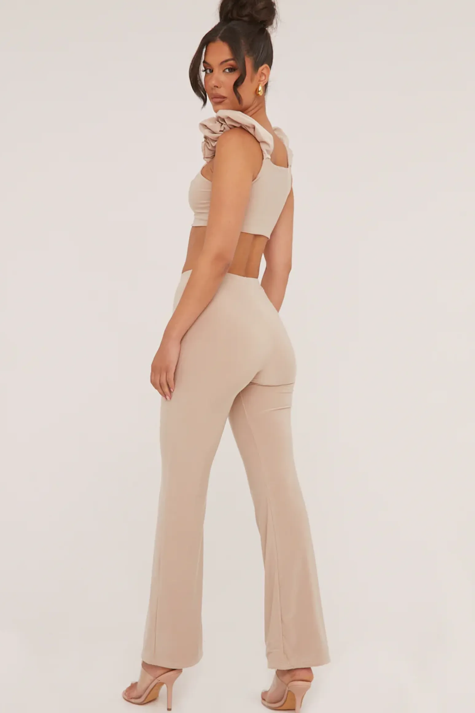 Rebellious Fashion Beige Frill Detail Cropped Top & Wide Leg Trousers Co-ord Set - Sophie