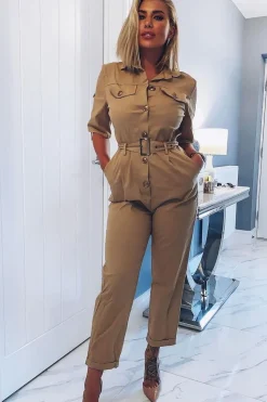 Rebellious Fashion Beige Front Button Belted Boiler Jumpsuit - Nyrah
