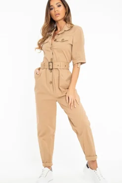 Rebellious Fashion Beige Front Button Belted Boiler Jumpsuit - Nyrah