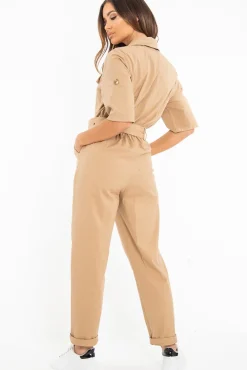 Rebellious Fashion Beige Front Button Belted Boiler Jumpsuit - Nyrah