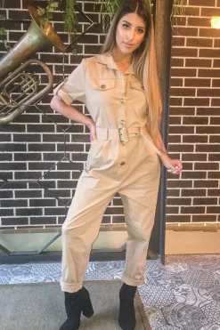 Rebellious Fashion Beige Front Button Belted Boiler Jumpsuit - Nyrah