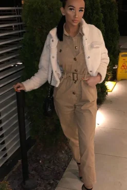 Rebellious Fashion Beige Front Button Belted Boiler Jumpsuit - Nyrah