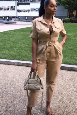 Rebellious Fashion Beige Front Button Belted Boiler Jumpsuit - Nyrah