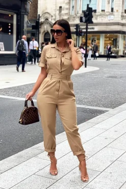 Rebellious Fashion Beige Front Button Belted Boiler Jumpsuit - Nyrah