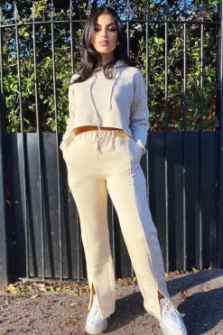 Rebellious Fashion Beige Front Split Wide Leg Joggers - Jenise