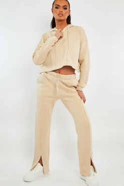 Rebellious Fashion Beige Front Split Wide Leg Joggers - Jenise