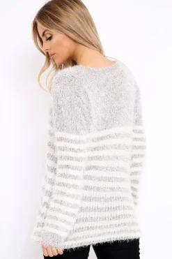 Rebellious Fashion Beige Fur Knit Stripe Jumper - Sicily