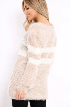 Rebellious Fashion Beige Fur Knit Wide Stripe Jumper Dress - Keeley