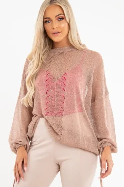 Rebellious Fashion Beige Glitter Net Knit Jumper - Loriann
