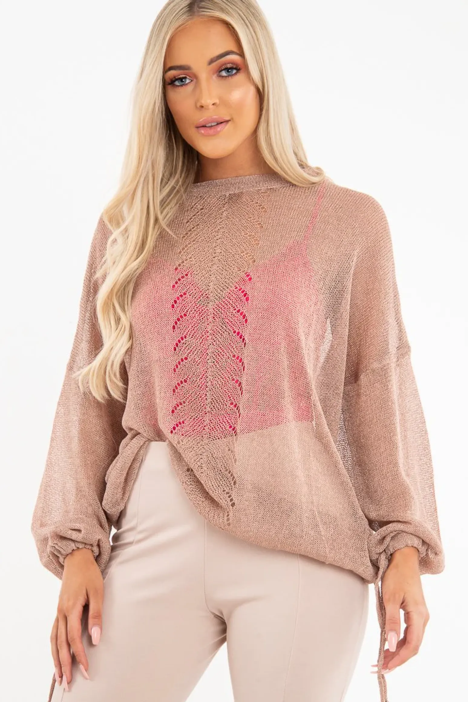 Rebellious Fashion Beige Glitter Net Knit Jumper - Loriann