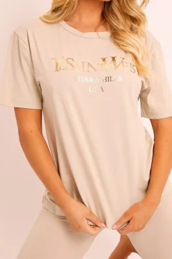 Rebellious Fashion Beige Gold Beverly Hills T-shirt Cycling Shorts Co-ord - Laura