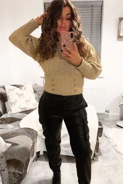 Rebellious Fashion Beige Gold Button Front Knit Jumper - Eleonor