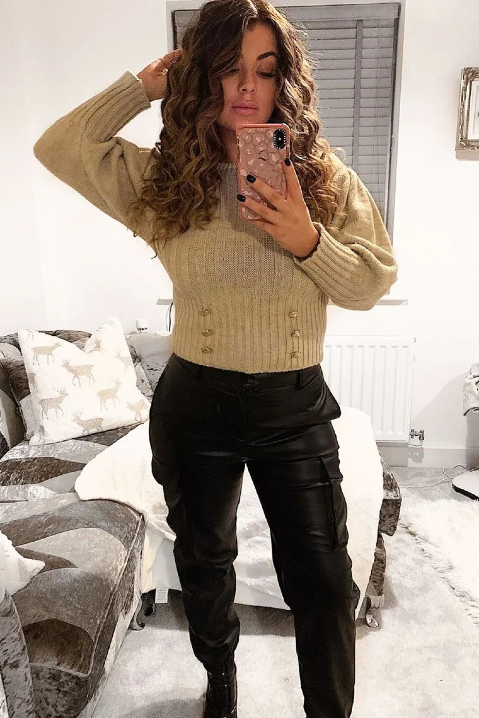 Rebellious Fashion Beige Gold Button Front Knit Jumper - Eleonor