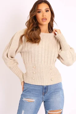 Rebellious Fashion Beige Gold Button Front Knit Jumper - Eleonor