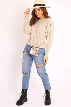 Rebellious Fashion Beige Gold Button Front Knit Jumper - Eleonor