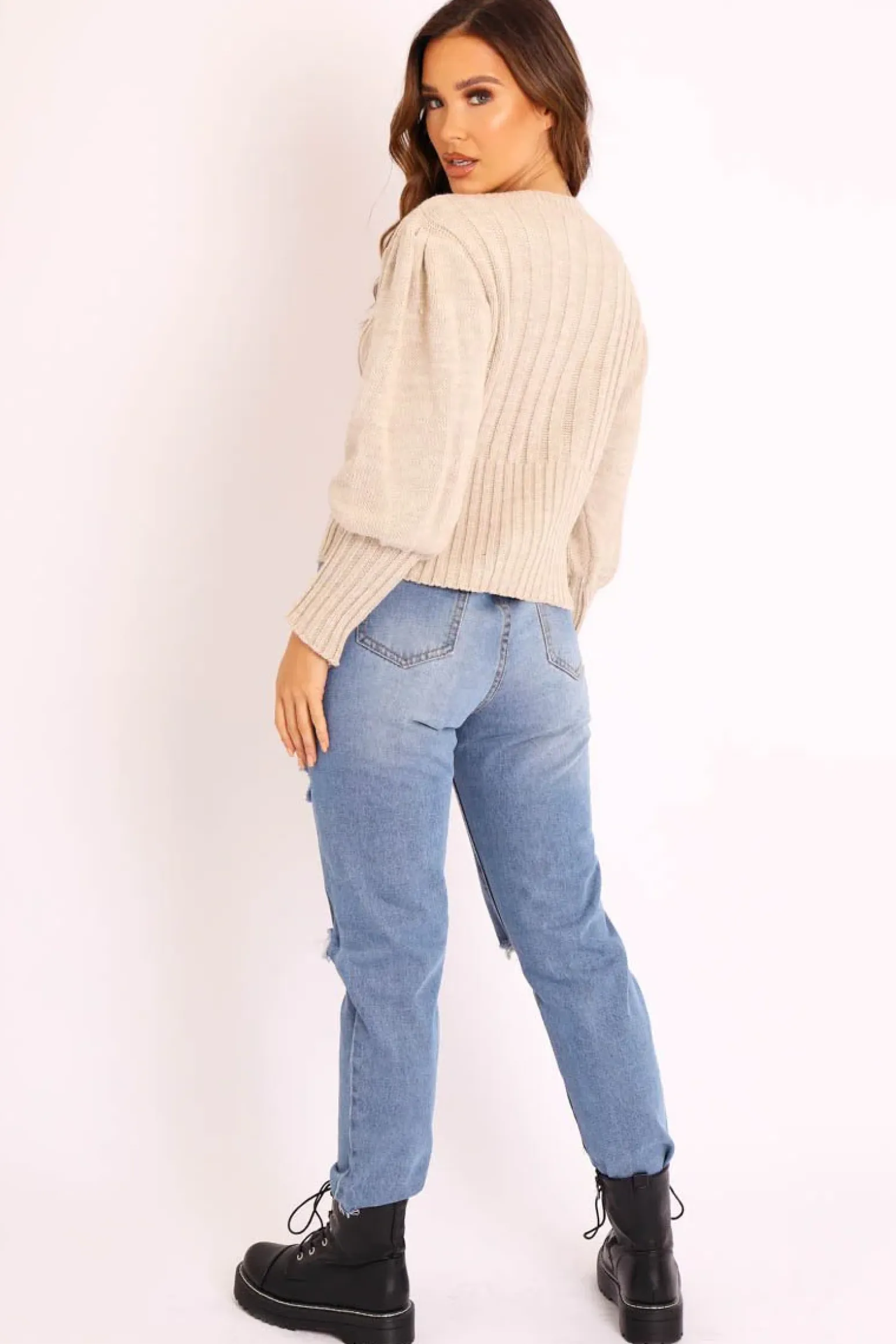 Rebellious Fashion Beige Gold Button Front Knit Jumper - Eleonor