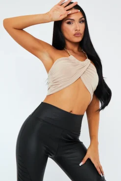 Rebellious Fashion Beige Gold Chain Halter Neck Crop Top - Leena