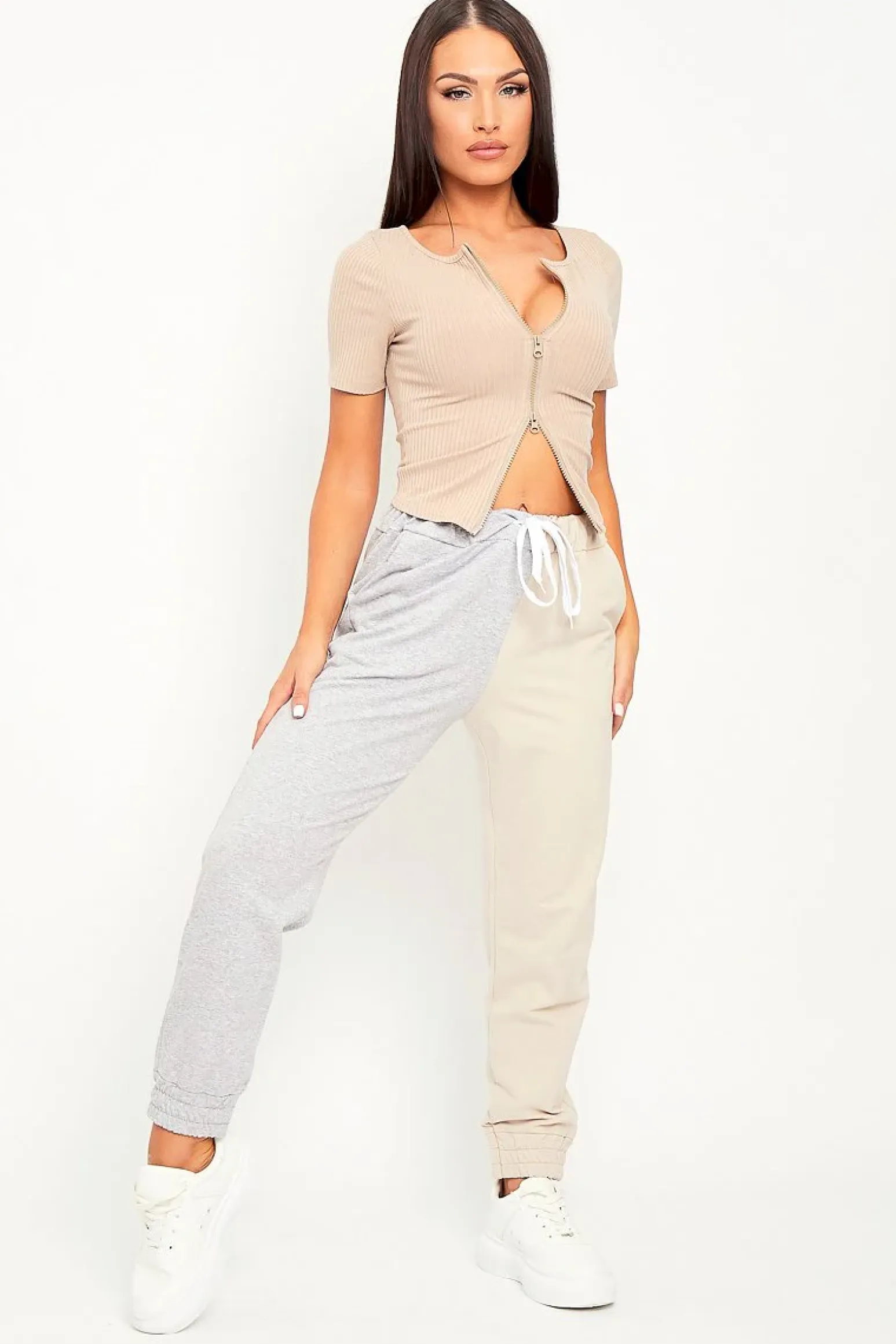 Rebellious Fashion Beige Half Grey Elasticated Waist Joggers - Dasha