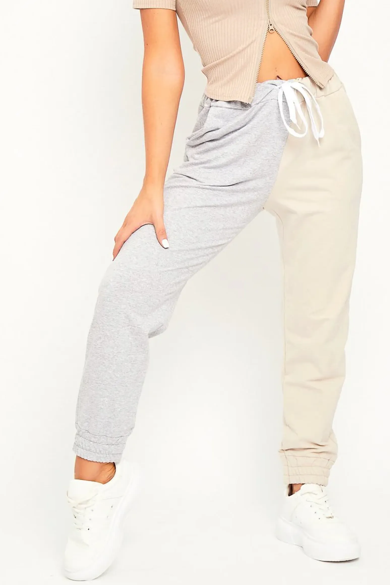 Rebellious Fashion Beige Half Grey Elasticated Waist Joggers - Dasha