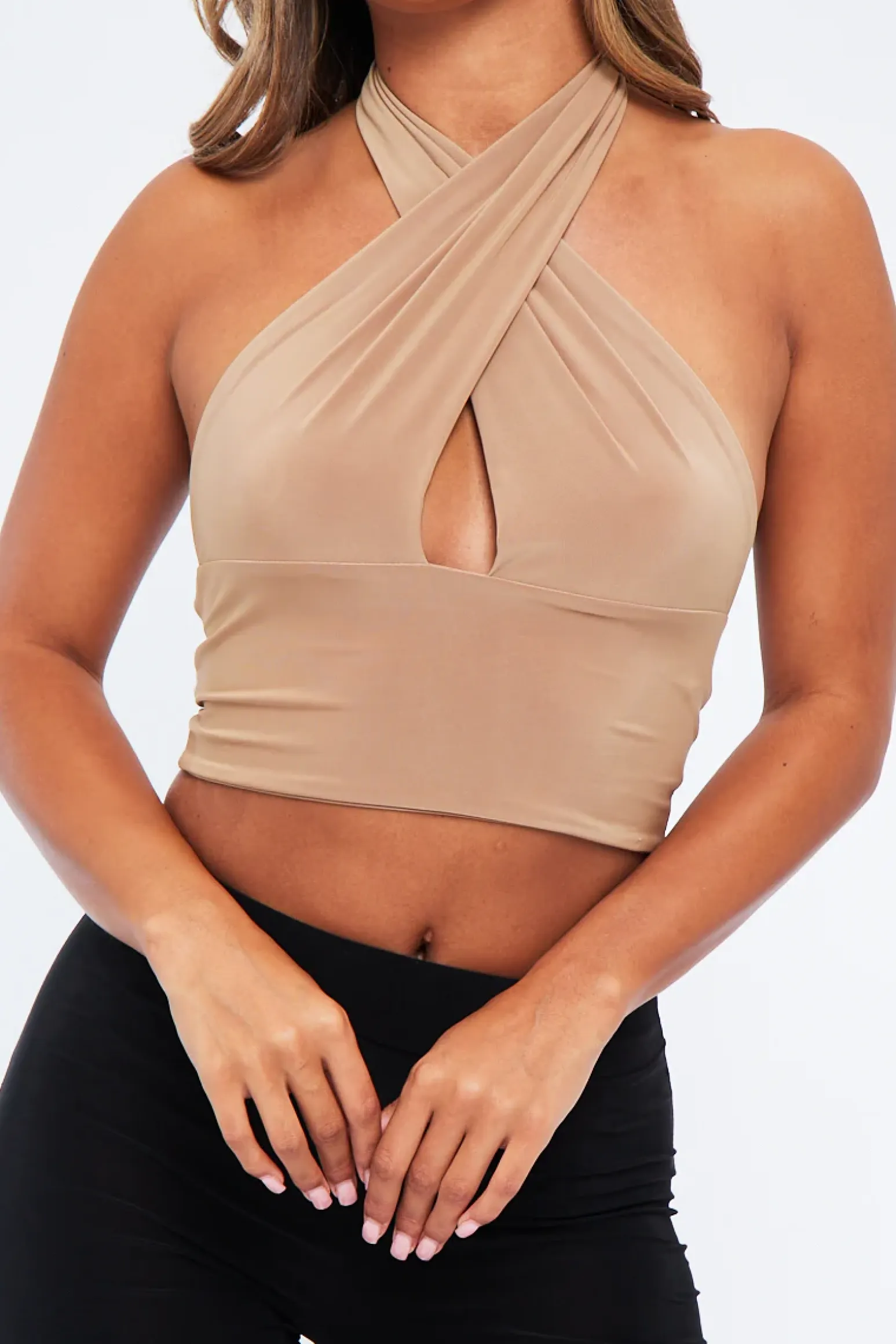 Rebellious Fashion Beige Halter Neck Slinky Crop Top - Jessabel
