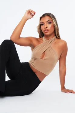 Rebellious Fashion Beige Halter Neck Slinky Crop Top - Jessabel