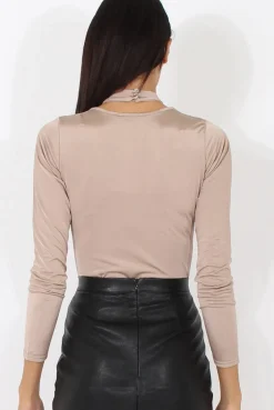 Rebellious Fashion Beige Harness Choker Long Sleeve Bodysuit - Sandra