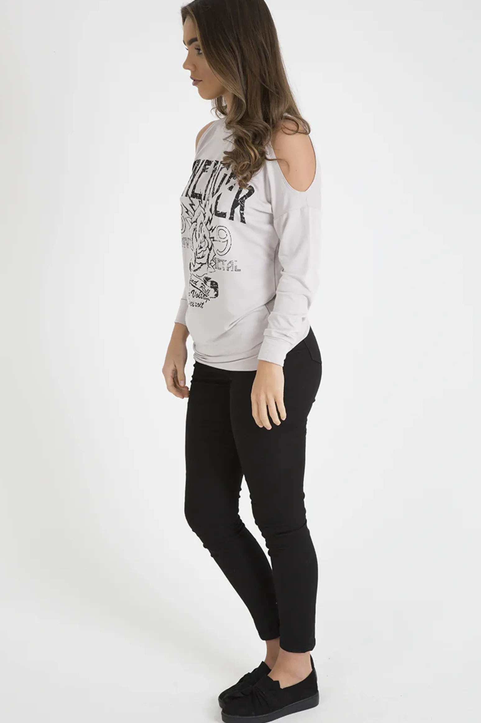 Rebellious Fashion Beige Heavy Metal Cold Shoulder Jumper - Neve