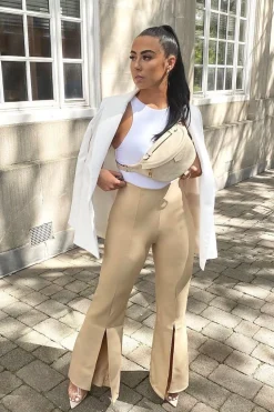 Rebellious Fashion Beige High Waist Split Front Trousers - Adraya