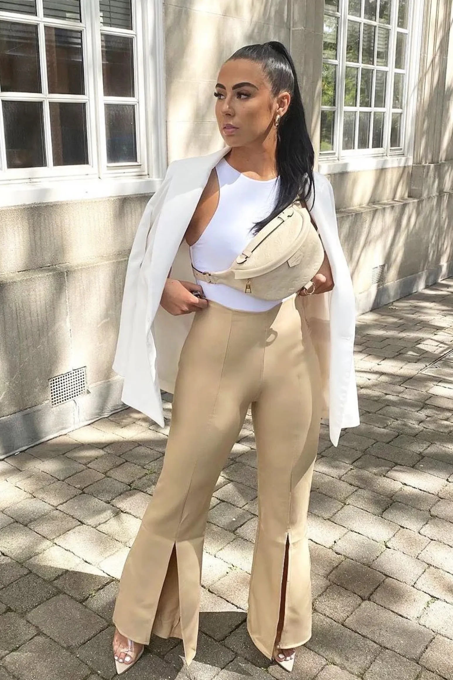 Rebellious Fashion Beige High Waist Split Front Trousers - Adraya