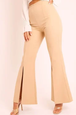 Rebellious Fashion Beige High Waist Split Front Trousers - Adraya