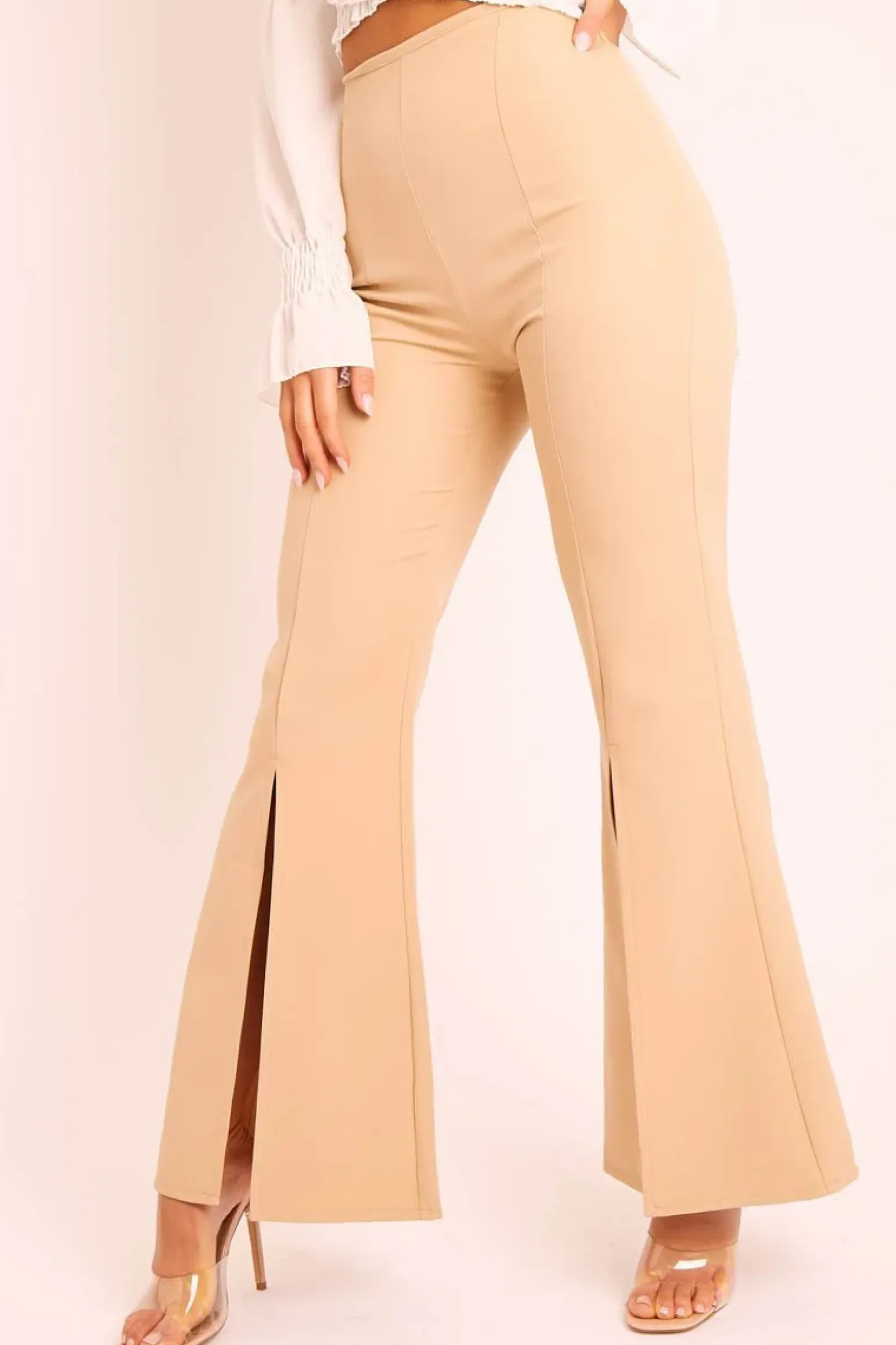 Rebellious Fashion Beige High Waist Split Front Trousers - Adraya