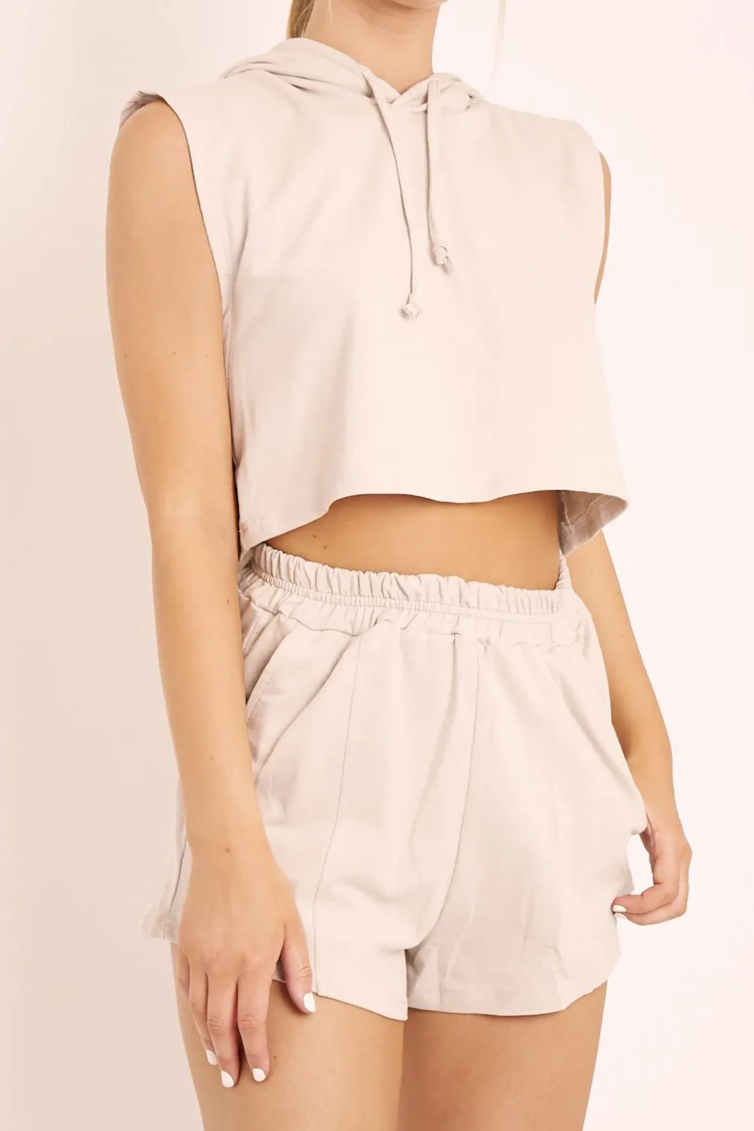 Rebellious Fashion Beige Hooded Top and Shorts Loungewear Co-ord - Hannie