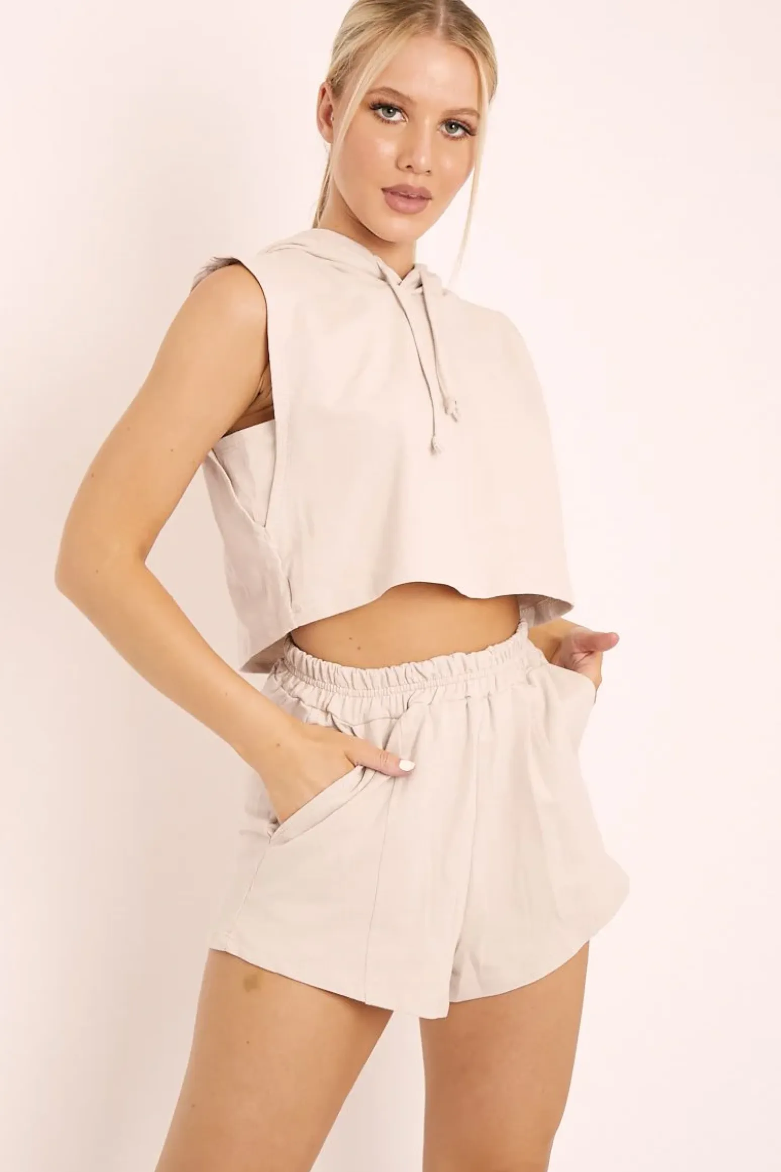 Rebellious Fashion Beige Hooded Top and Shorts Loungewear Co-ord - Hannie