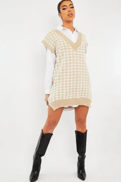 Rebellious Fashion Beige Houndstooth Knit Vest - Hazel